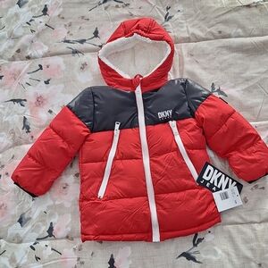DKNY Jeans Toddler Hooded Puffer Jacket Size 24 Months Red Black Full Zip